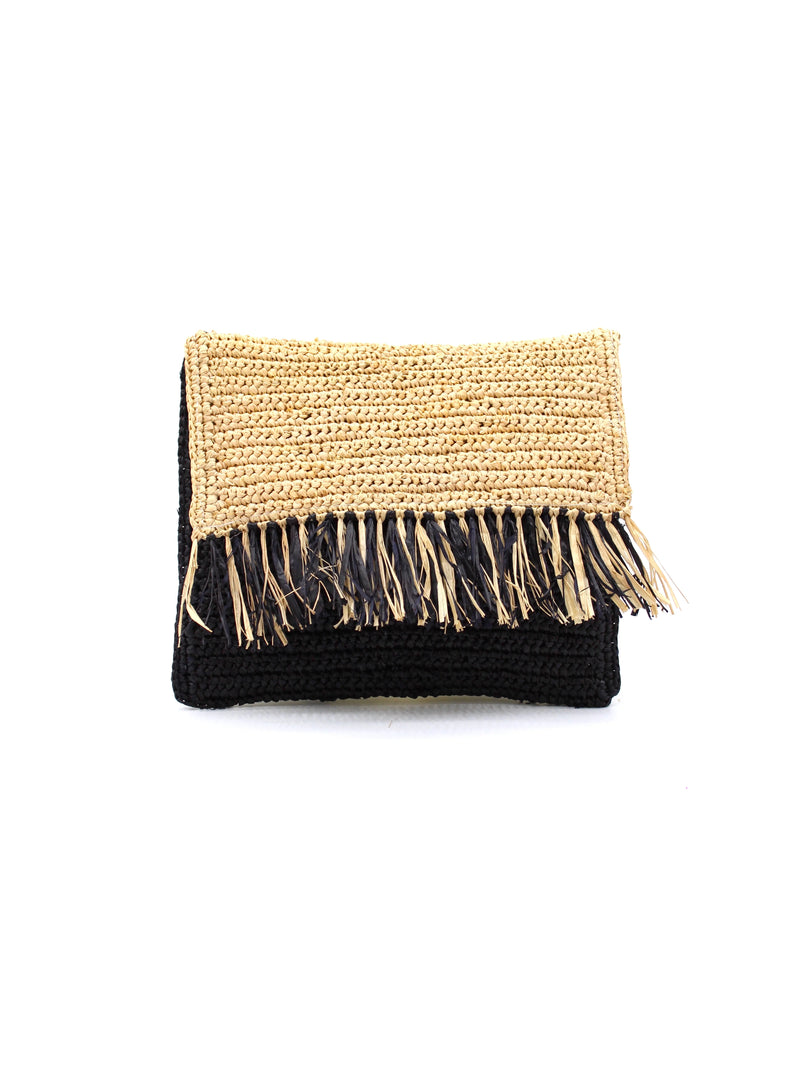 Coco Crochet Straw Clutch with Raw Fringe Trim