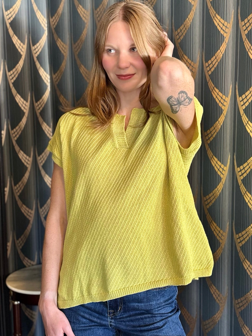 Tribal Slit V-Neck Extended Shoulder Sweater