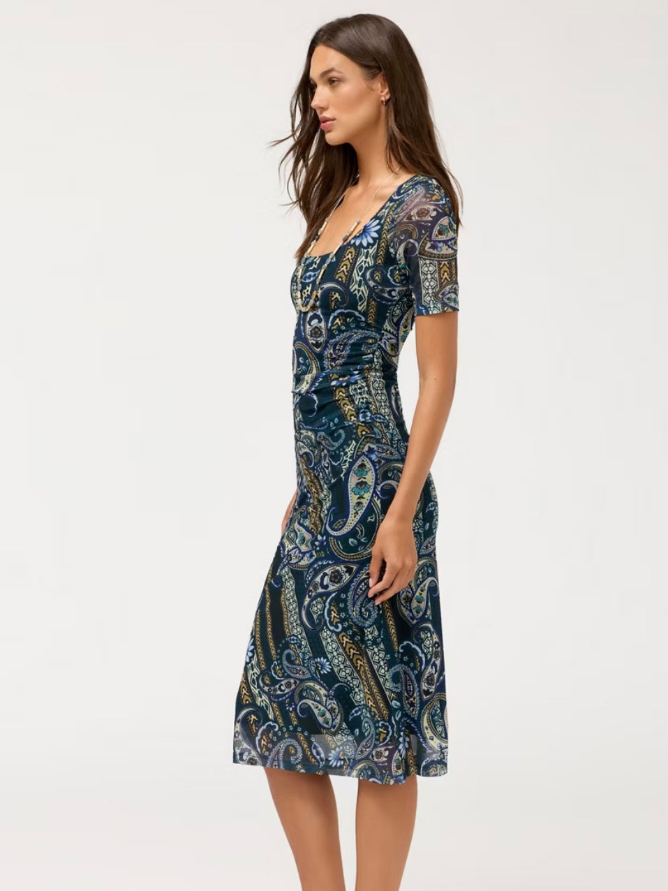 Johnny Was Women's Scoop Neck Ruched Front Mesh Midi Dress in BLUE, Size Medium, Stripes