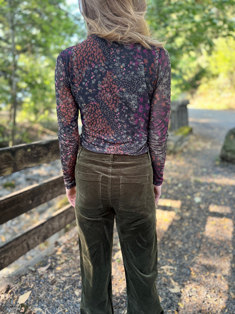 Tribal Plum Wine Turtle Neck Mesh Top