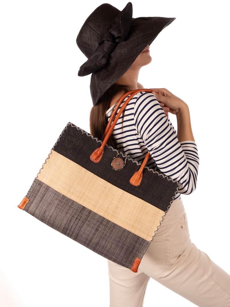 Zafran 3 Tone Color Block Straw Beach Bag