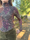 Tribal Plum Wine Turtle Neck Mesh Top