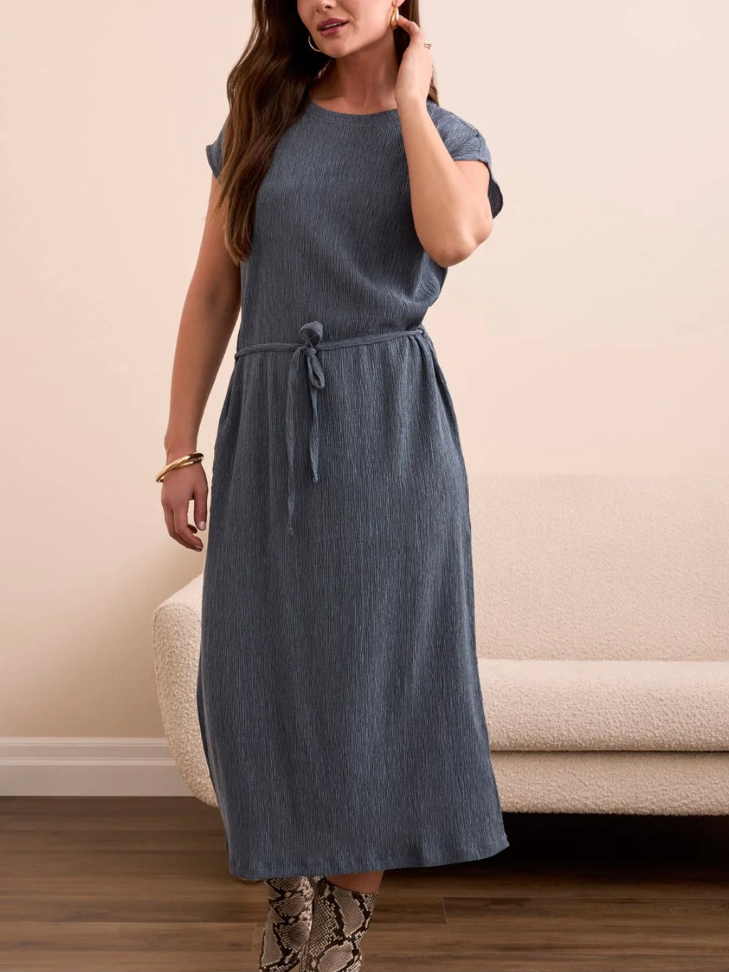 Tribal Crinkle Knit Belted Midi Dress