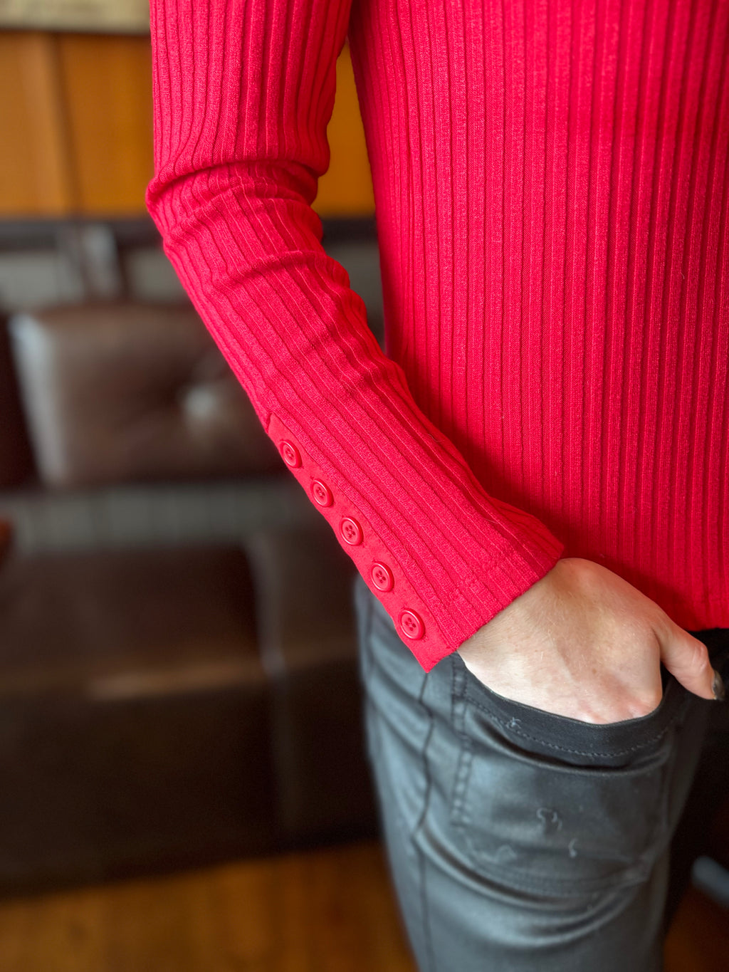 Liverpool Long Sleeve Mock Neck Knit Top with Button Detail