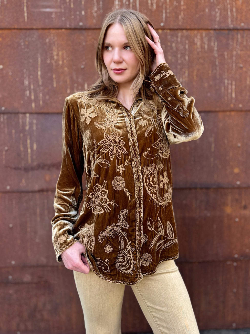Johnny Was Velvet Relaxed Seamed Shirt