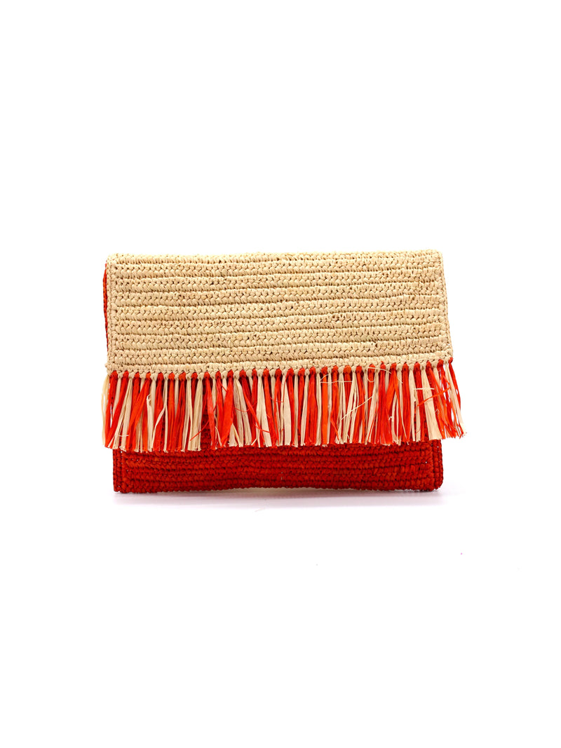 Coco Crochet Straw Clutch with Raw Fringe Trim