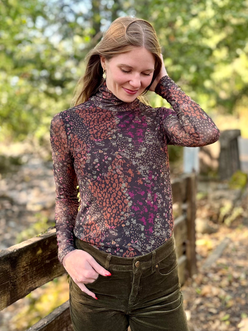 Plum Wine Turtle Neck Mesh Top